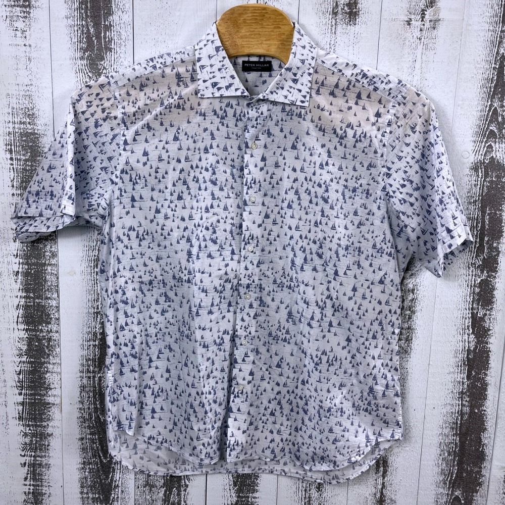 Peter Millar Collection Shirt XL Coastal Nautical Sailboat Cotton Short Sleeve
